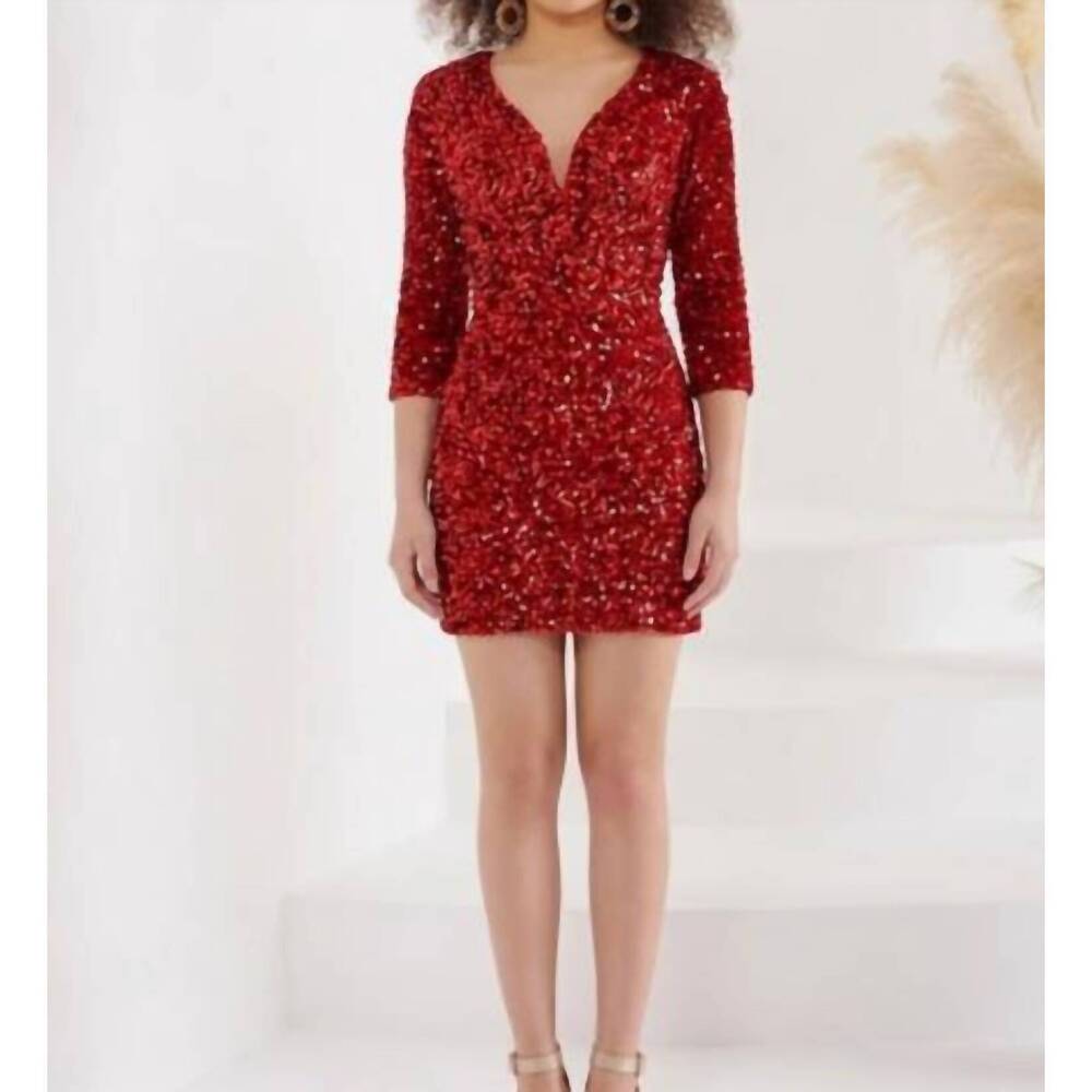 NEW HOUSE OF WU sequin short three quarter sleeve dress in red